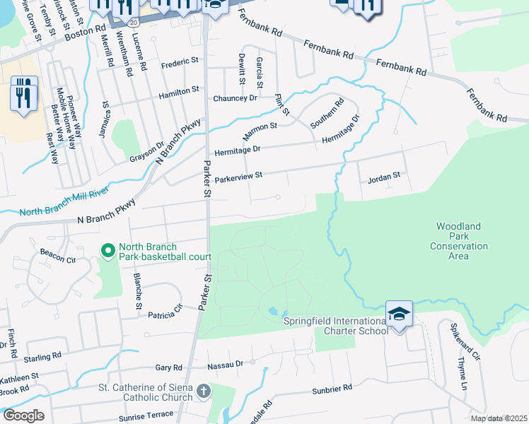 map of restaurants, bars, coffee shops, grocery stores, and more near 92 Barrington Drive in Springfield