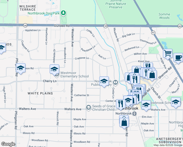 map of restaurants, bars, coffee shops, grocery stores, and more near 1118 Butternut Lane in Northbrook
