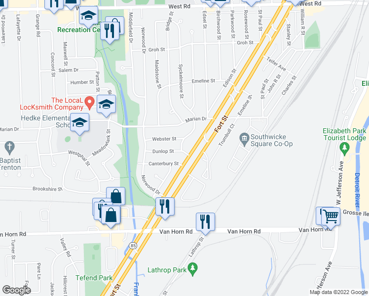 map of restaurants, bars, coffee shops, grocery stores, and more near 3821 Syckelmoore Street in Trenton