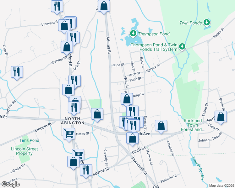 map of restaurants, bars, coffee shops, grocery stores, and more near 387 Adams Street in Abington