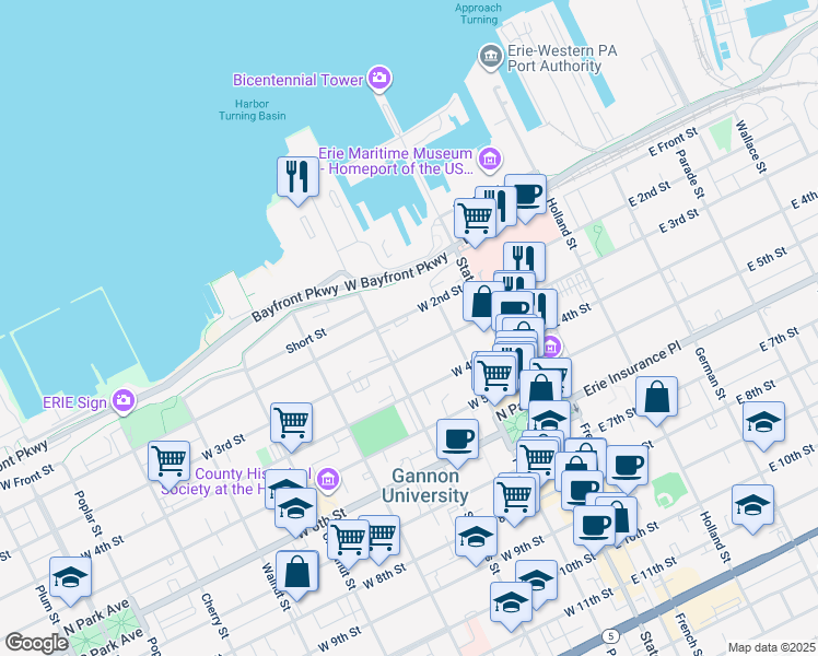 map of restaurants, bars, coffee shops, grocery stores, and more near 157 W 2nd St in Erie