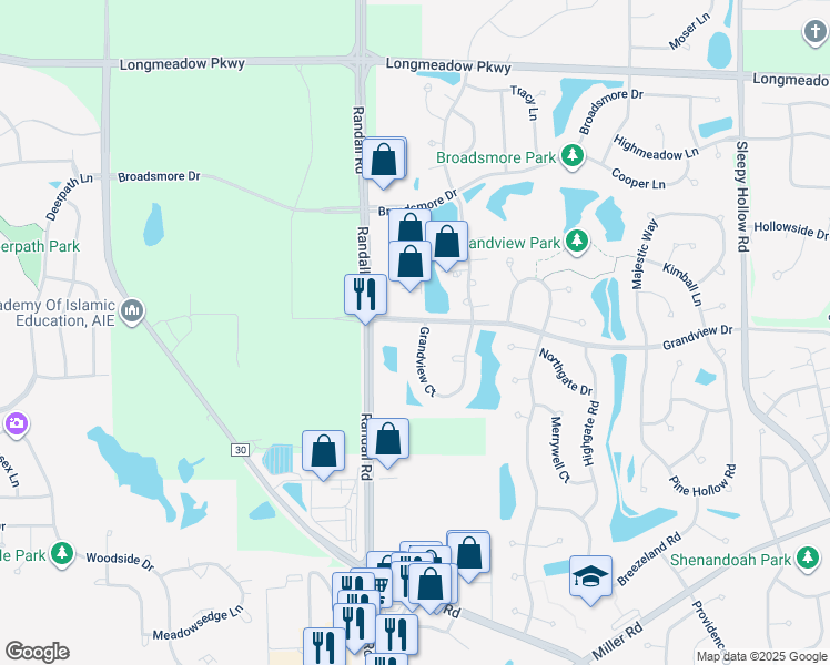 map of restaurants, bars, coffee shops, grocery stores, and more near 7461 Grandview Court in Carpentersville