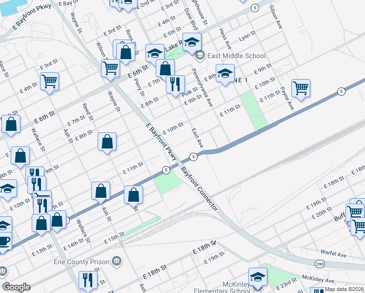 map of restaurants, bars, coffee shops, grocery stores, and more near 927 East 11th Street in Erie