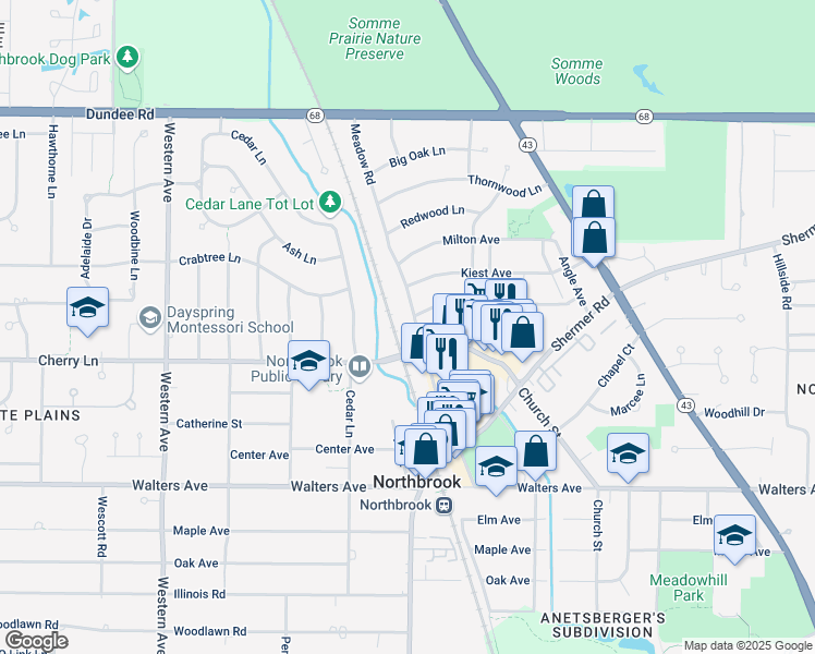 map of restaurants, bars, coffee shops, grocery stores, and more near 1130 Meadow Road in Northbrook