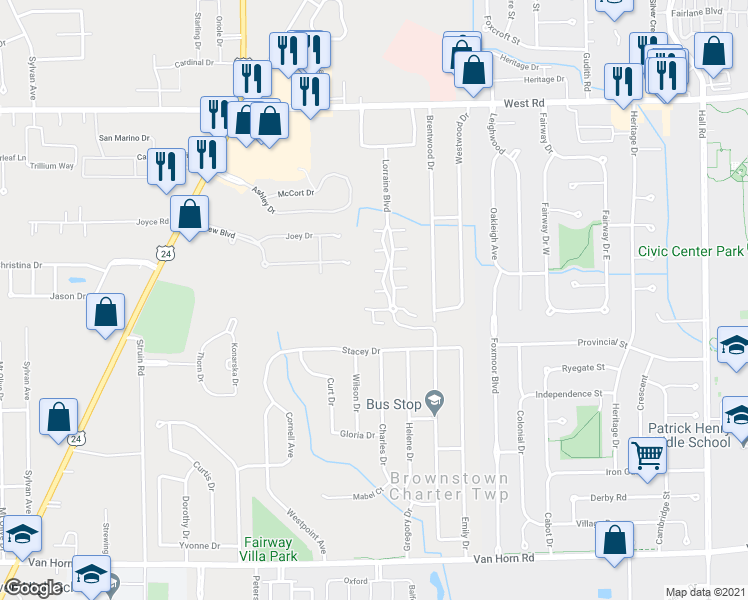 map of restaurants, bars, coffee shops, grocery stores, and more near 23487 Boller Court in Brownstown Charter Township