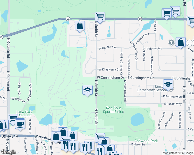 map of restaurants, bars, coffee shops, grocery stores, and more near 210 West Cunningham Drive in Palatine