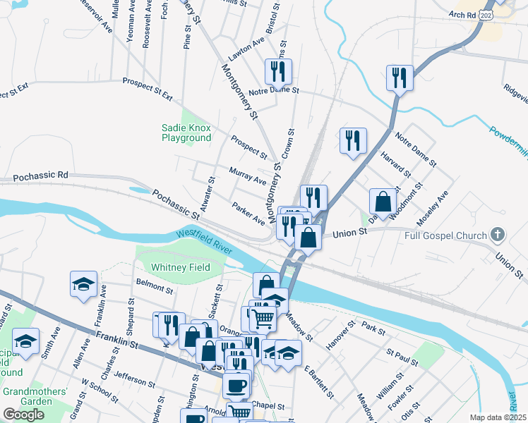 map of restaurants, bars, coffee shops, grocery stores, and more near 12 Montgomery St in Westfield