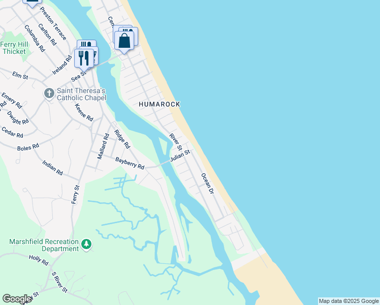 map of restaurants, bars, coffee shops, grocery stores, and more near 65 Ocean Drive in Marshfield