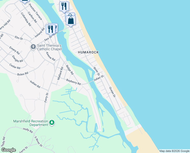 map of restaurants, bars, coffee shops, grocery stores, and more near 6 Kenilworth Street in Scituate