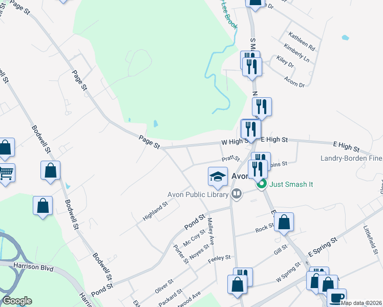 map of restaurants, bars, coffee shops, grocery stores, and more near 13 Foster Street in Avon