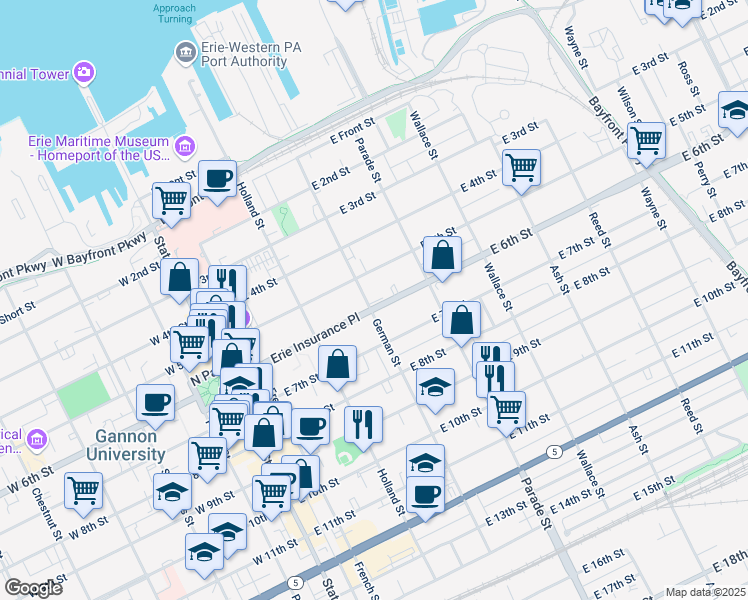 map of restaurants, bars, coffee shops, grocery stores, and more near 308 Pennsylvania 5 Alternate in Erie