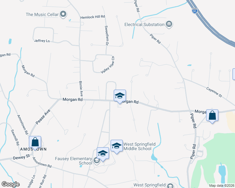 map of restaurants, bars, coffee shops, grocery stores, and more near 24 Jensen Circle in West Springfield