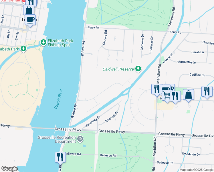map of restaurants, bars, coffee shops, grocery stores, and more near 10038 Marlborough Drive in Grosse Ile Township