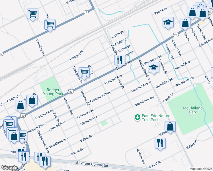 map of restaurants, bars, coffee shops, grocery stores, and more near 2011 Prospect Ave in Erie