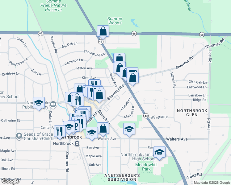 map of restaurants, bars, coffee shops, grocery stores, and more near 1163 Shermer Road in Northbrook