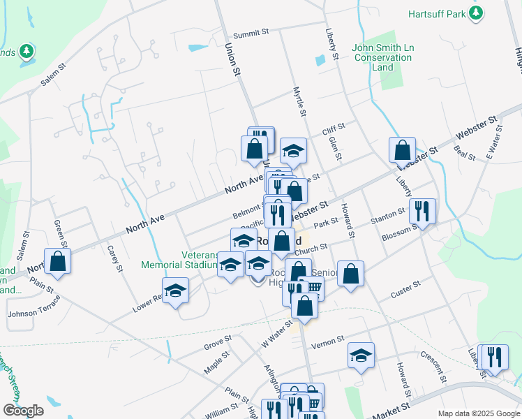 map of restaurants, bars, coffee shops, grocery stores, and more near in Rockland
