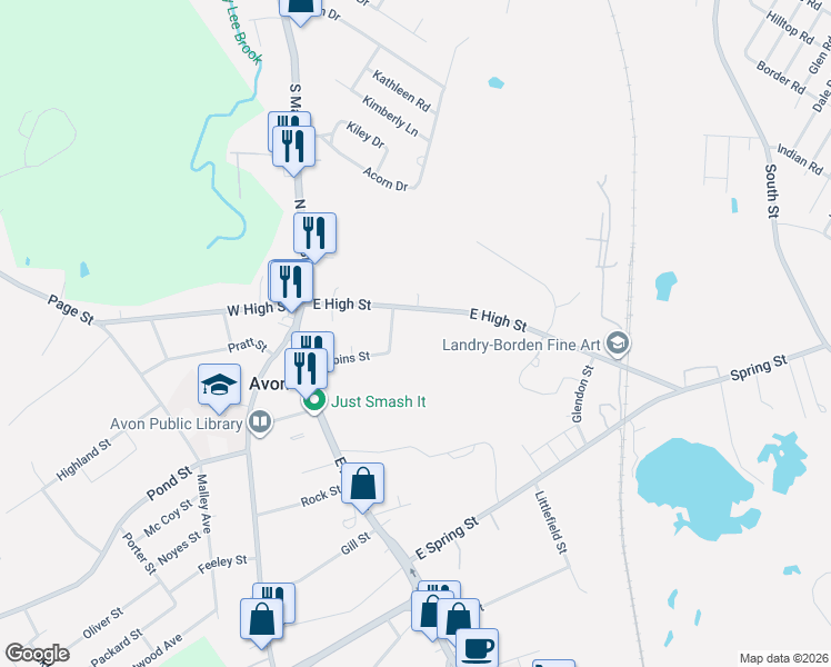 map of restaurants, bars, coffee shops, grocery stores, and more near 91 Robbins Street in Avon