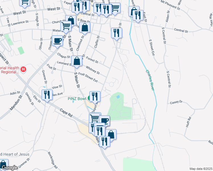 map of restaurants, bars, coffee shops, grocery stores, and more near 4 Pheasant Circle in Milford