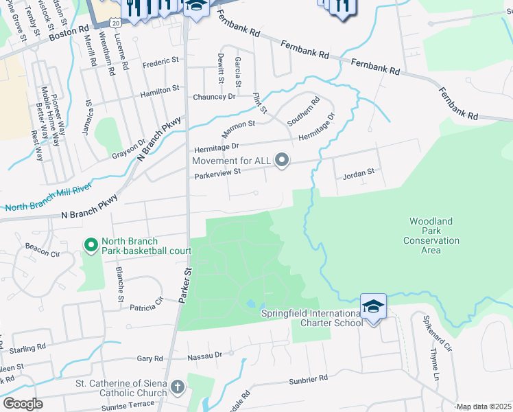 map of restaurants, bars, coffee shops, grocery stores, and more near 98 Barrington Drive in Springfield