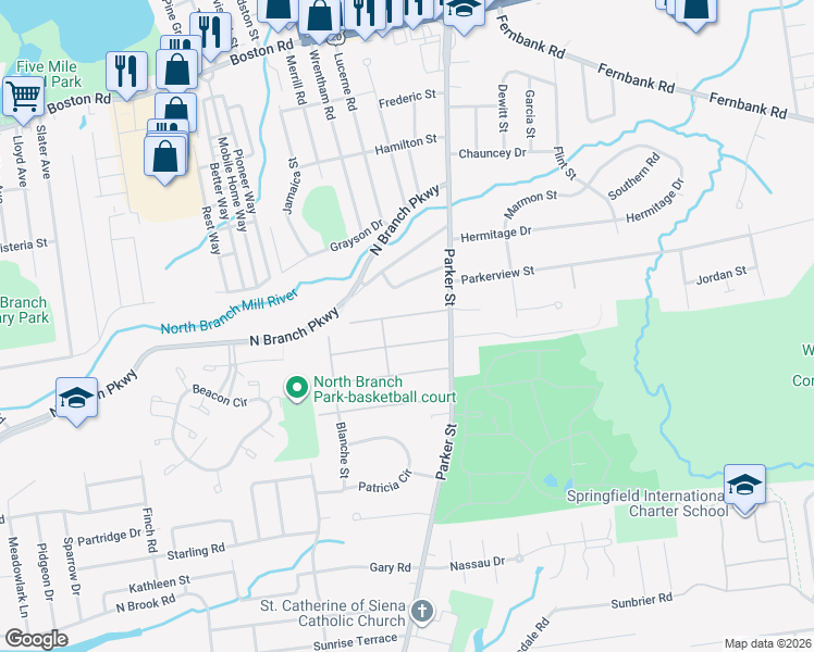 map of restaurants, bars, coffee shops, grocery stores, and more near 65 Sonia Street in Springfield