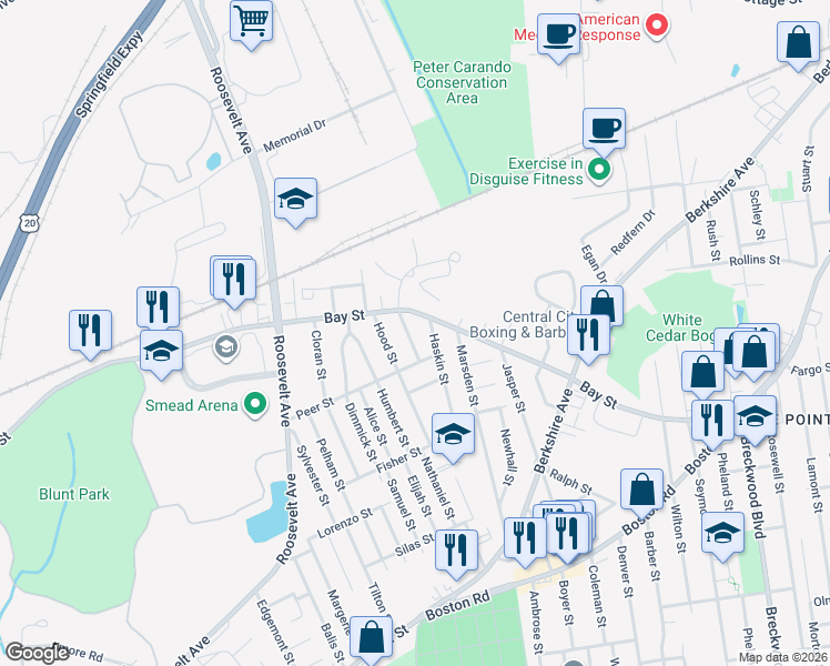 map of restaurants, bars, coffee shops, grocery stores, and more near 22 Gladstone Street in Springfield