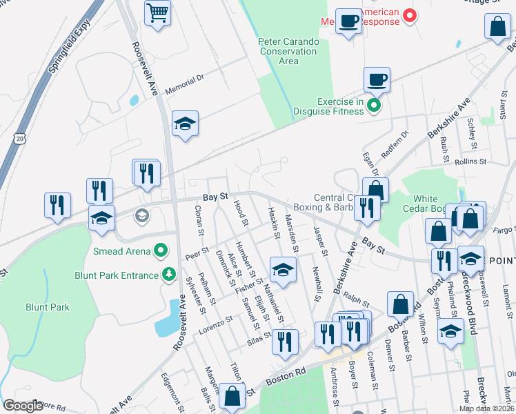 map of restaurants, bars, coffee shops, grocery stores, and more near 22 Gladstone Street in Springfield