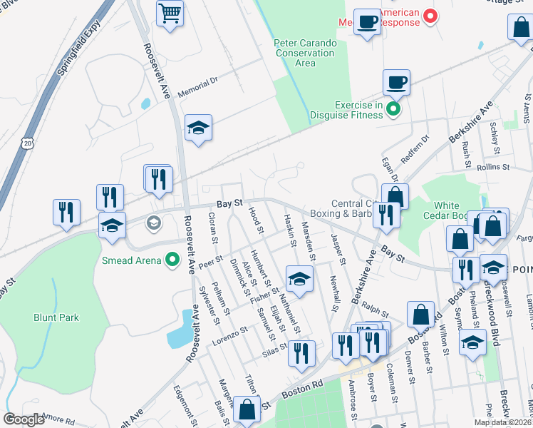 map of restaurants, bars, coffee shops, grocery stores, and more near 22 Gladstone Street in Springfield