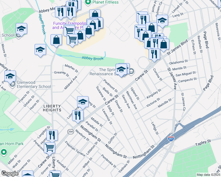 map of restaurants, bars, coffee shops, grocery stores, and more near 30 Piedmont Street in Springfield