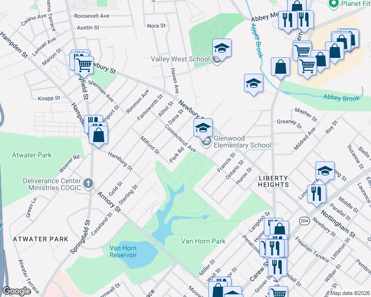 map of restaurants, bars, coffee shops, grocery stores, and more near 51 Park Road in Springfield