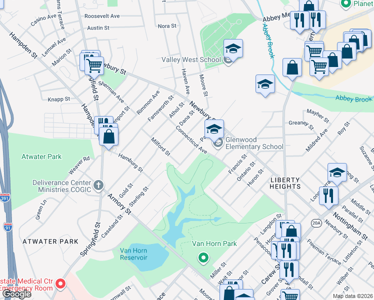map of restaurants, bars, coffee shops, grocery stores, and more near 51 Park Road in Springfield