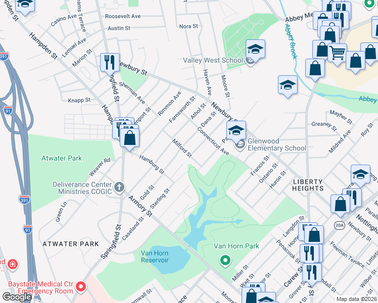 map of restaurants, bars, coffee shops, grocery stores, and more near 108 Upton Street in Springfield