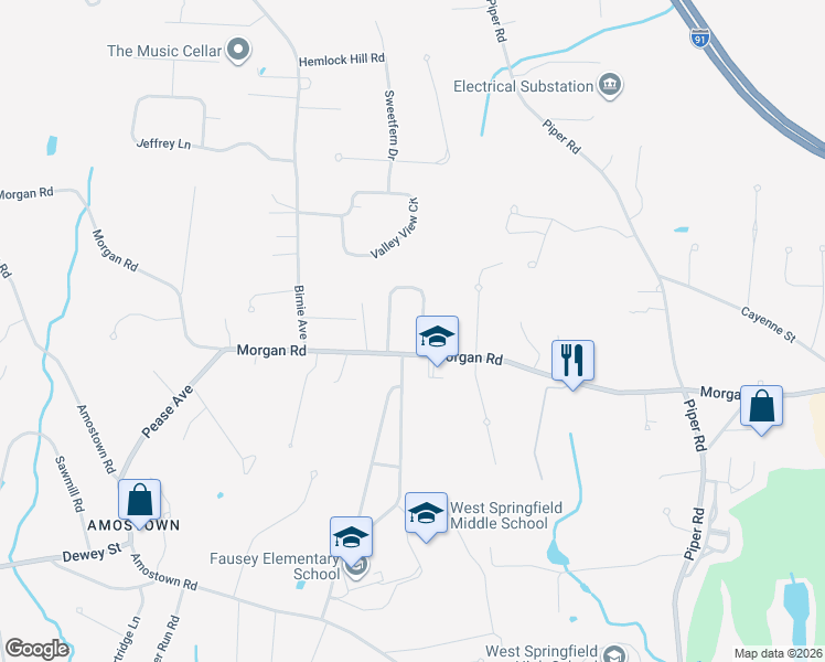 map of restaurants, bars, coffee shops, grocery stores, and more near 24 Jensen Circle in West Springfield