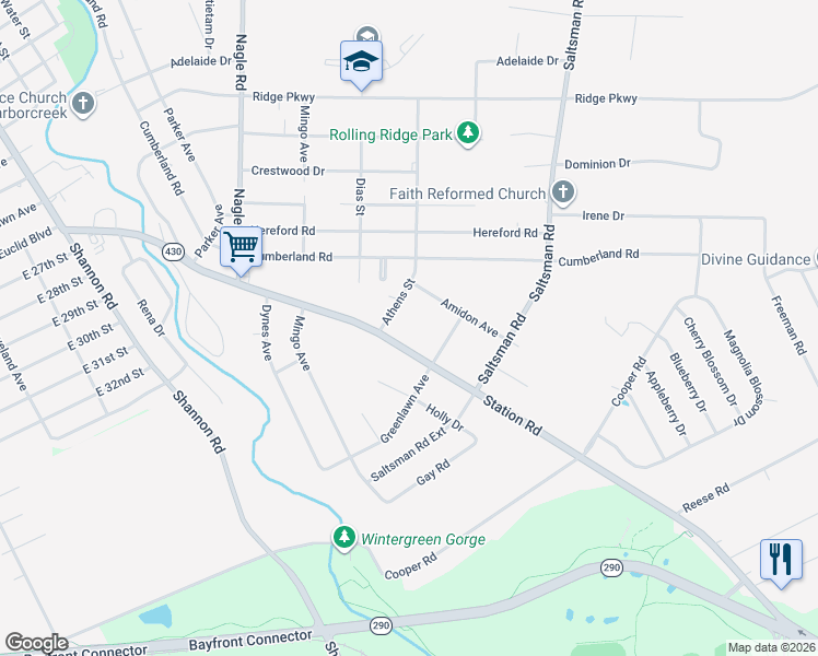 map of restaurants, bars, coffee shops, grocery stores, and more near 3830 Station Rd in Erie