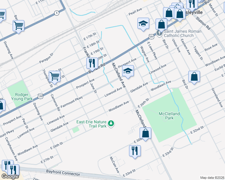 map of restaurants, bars, coffee shops, grocery stores, and more near 2212 Linwood Ave in Erie