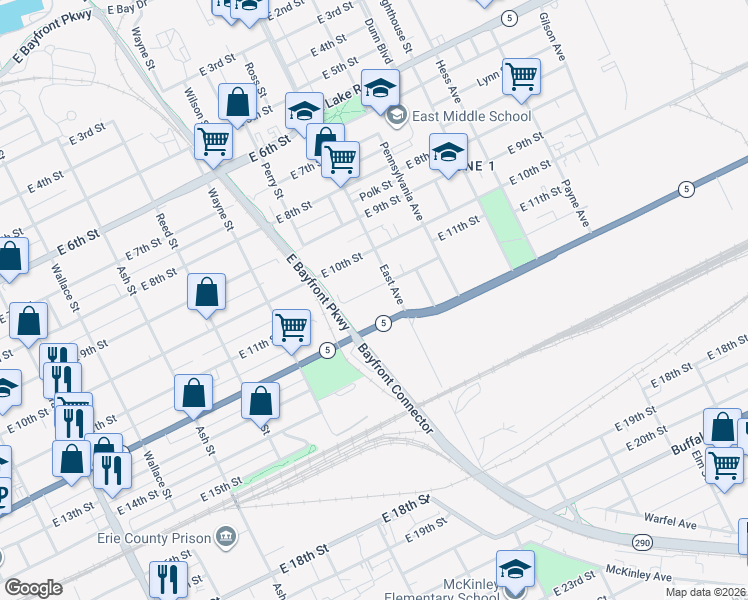 map of restaurants, bars, coffee shops, grocery stores, and more near 927 East 11th Street in Erie