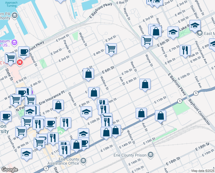 map of restaurants, bars, coffee shops, grocery stores, and more near 717 Wallace Street in Erie