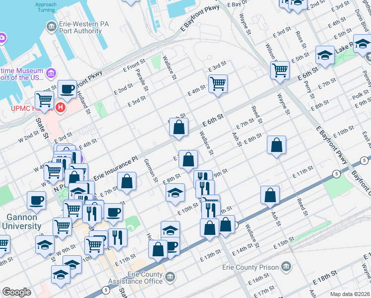 map of restaurants, bars, coffee shops, grocery stores, and more near 623 25 Parade Street in Erie