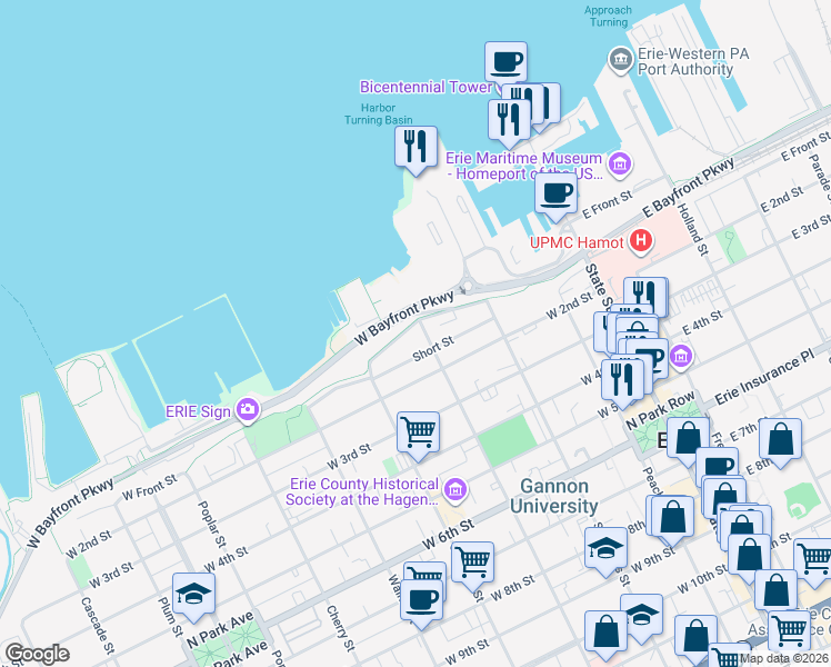 map of restaurants, bars, coffee shops, grocery stores, and more near in Erie