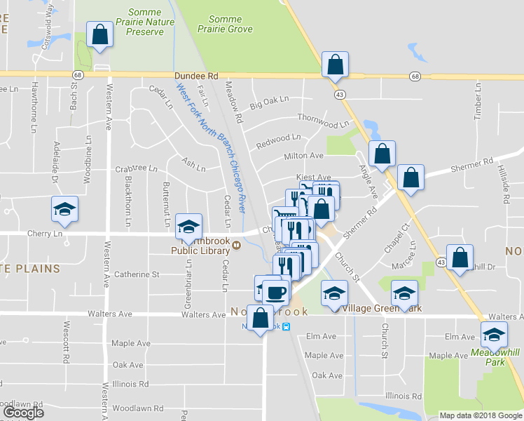 map of restaurants, bars, coffee shops, grocery stores, and more near 1130 Meadow Road in Northbrook