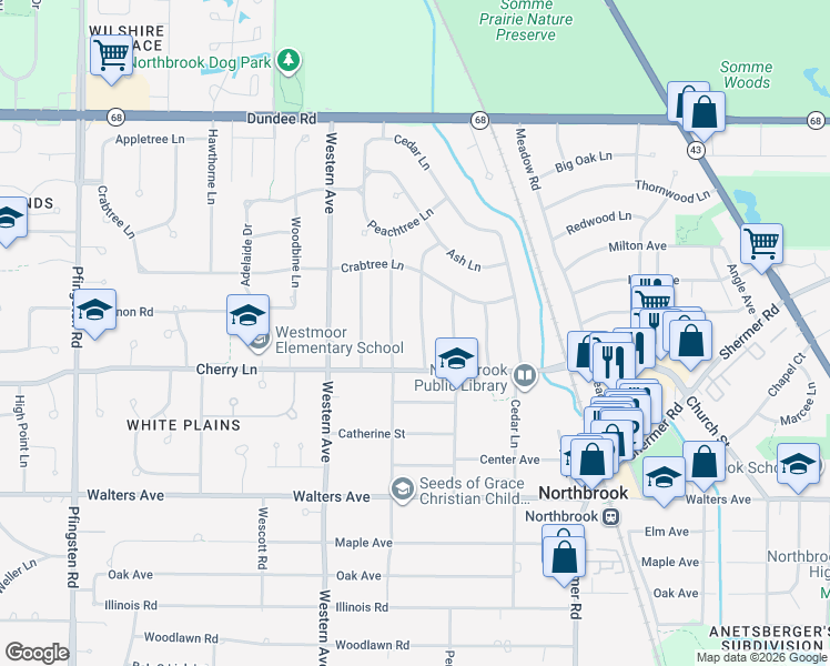 map of restaurants, bars, coffee shops, grocery stores, and more near 1118 Butternut Lane in Northbrook
