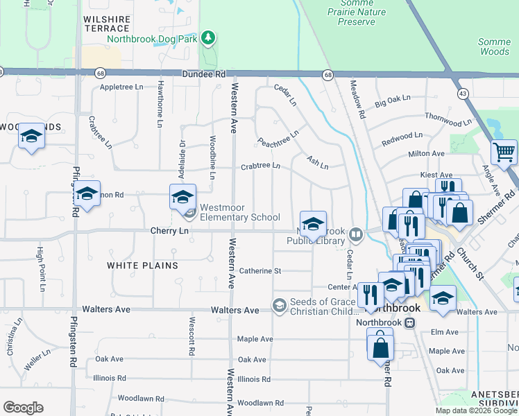 map of restaurants, bars, coffee shops, grocery stores, and more near 1123 Blackthorn Lane in Northbrook
