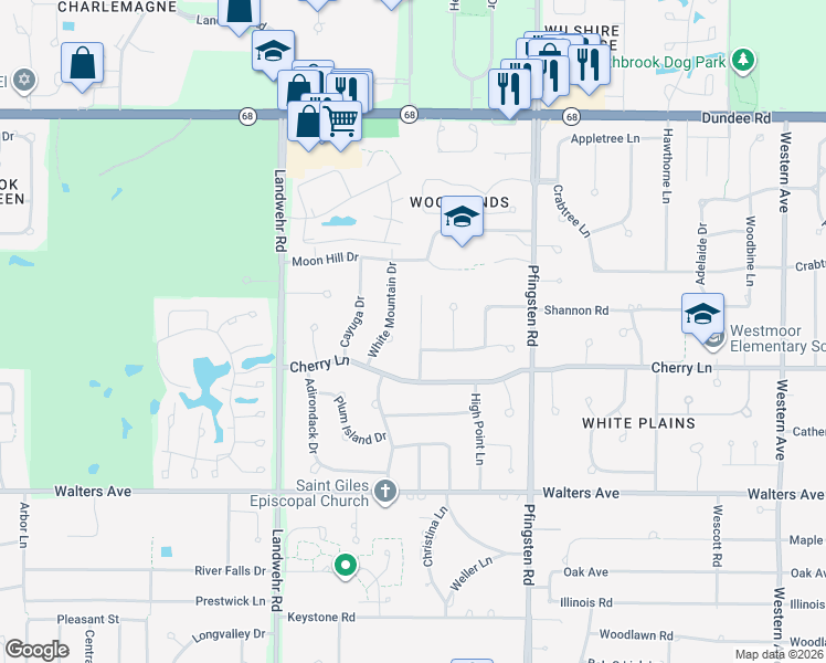 map of restaurants, bars, coffee shops, grocery stores, and more near 1133 White Mountain Drive in Northbrook