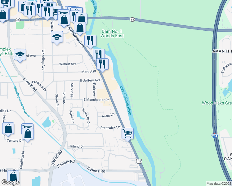 map of restaurants, bars, coffee shops, grocery stores, and more near 483 South Milwaukee Avenue in Wheeling