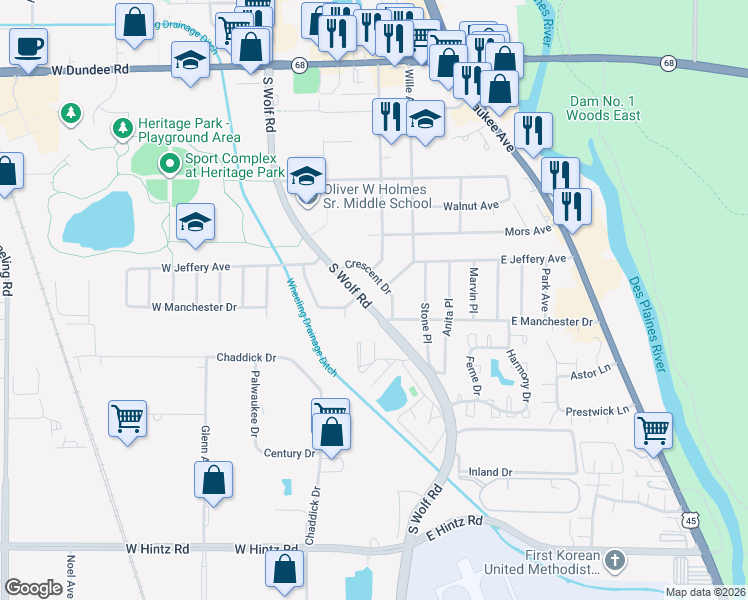 map of restaurants, bars, coffee shops, grocery stores, and more near 424 Crescent Drive in Wheeling