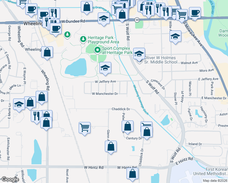 map of restaurants, bars, coffee shops, grocery stores, and more near 98 West Manchester Drive in Wheeling