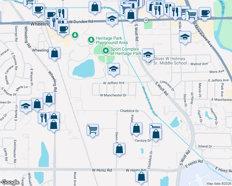 map of restaurants, bars, coffee shops, grocery stores, and more near 98 West Manchester Drive in Wheeling