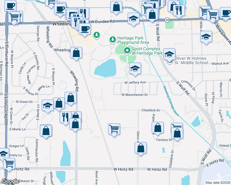 map of restaurants, bars, coffee shops, grocery stores, and more near 222 West Manchester Drive in Wheeling
