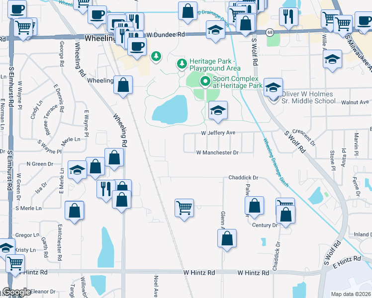 map of restaurants, bars, coffee shops, grocery stores, and more near 222 West Manchester Drive in Wheeling