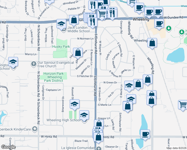 map of restaurants, bars, coffee shops, grocery stores, and more near 386 East Norman Lane in Wheeling