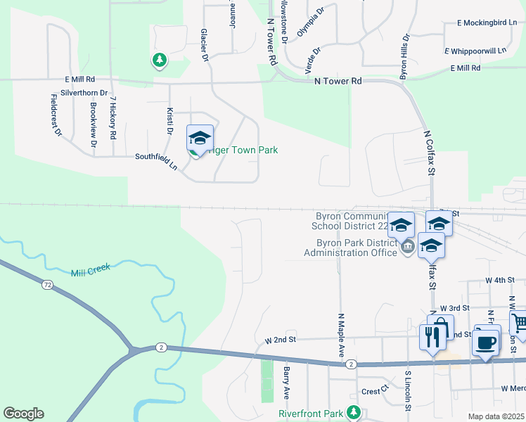 map of restaurants, bars, coffee shops, grocery stores, and more near 627 Mill Ridge Drive in Byron